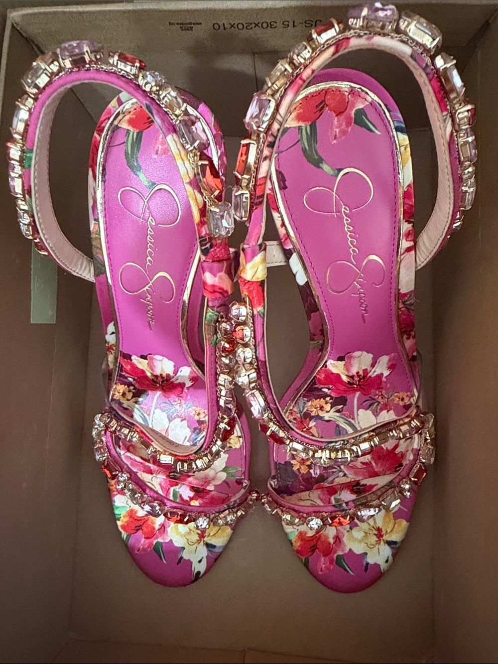 Pink Floral Crystal T-Strap Stiletto Sandals - Picture 9 of 11